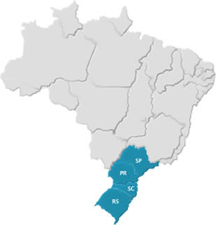 Mapa do Brasil com destaque para São Paulo, Paraná, Santa Catarina e Rio Grande do Sul